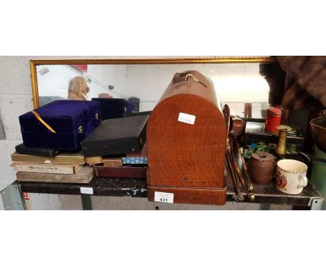 Oak cased sewing machine, copper &amp; brassware, mirror, cased cutlery
