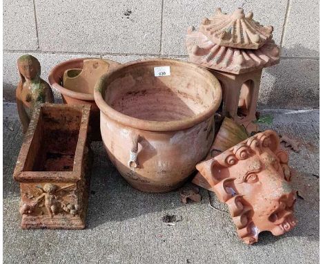Collection of terracotta gardenware including Chinese style lantern &amp; other items