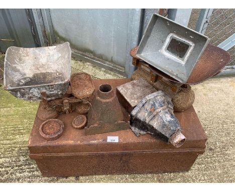 Large tin trunk, scales &amp; weights &amp; cast iron hoppers