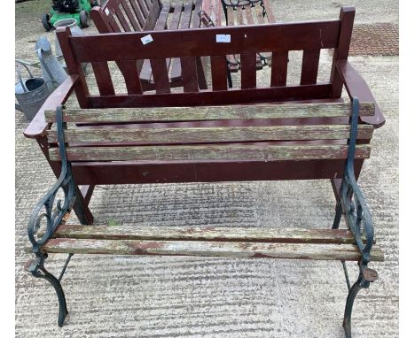 Painted hardwood garden bench along with a cast iron &amp; wooden garden bench