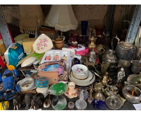Metalware to include brass and silver plate, miniature wooden elephants, model Burago Bugatti and other items