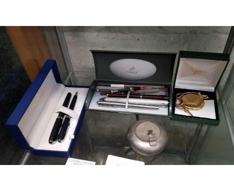 Collectable pens including Waterman and Parker with cases, Charles Hart pocket watch and Pewter inkwell