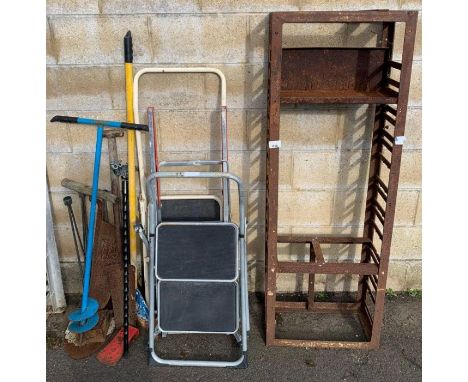 Collection of hand tools, step ladders, hair pin legs &amp; a shelving unit 