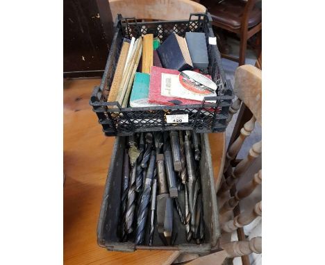 Box of drill bits and box of assorted rulers and other items