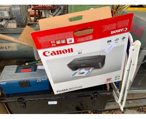 Canon printer with box, Tin trunk, garden gnome, folding seat, toolbox and various garden tools
