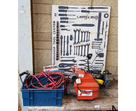 Clarke Jumbo air pressure guage, double wheel bench grinder, box of assorted jump leads and tools, battery charger, glue gun 