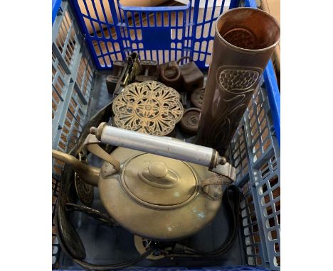 Metalware including Art Nouveau style military shell in copper and brass, cast iron weights &amp; brass kettle