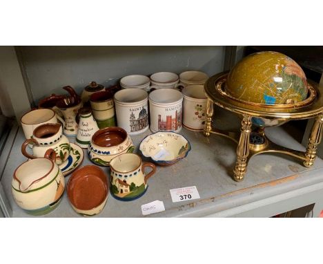 Collection of Torquay motoware, globe on stand, Denby mugs etc