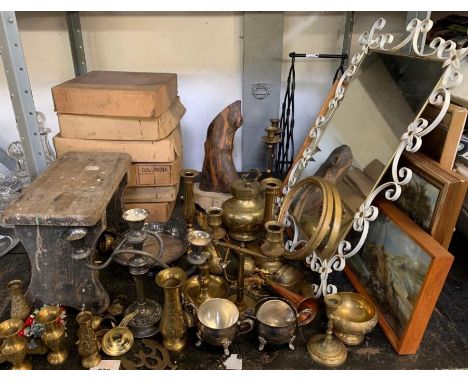 Wooden mail torso figure, decorative mirror, brass and copper ware &amp; other items