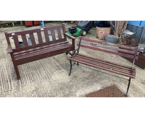 Painted hardwood garden bench along with a cast iron &amp; wooden garden bench