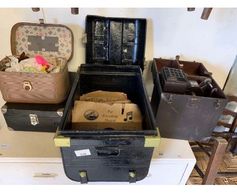 Kodak scope model 60 universal projector, painted tin trunk to include records, travelling case with vintage dolls &amp; reco