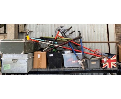 Large collection of garage items to include hand tools, tin trunks, camping gear etc 