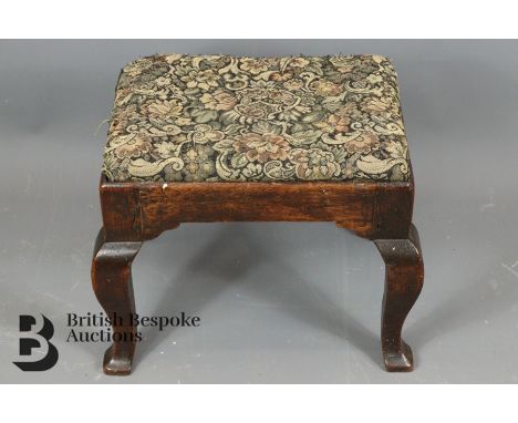 Trio of 18th and 19th century foot stools. The first example is 18th century oak upholstered with a foliate tapestry on splay