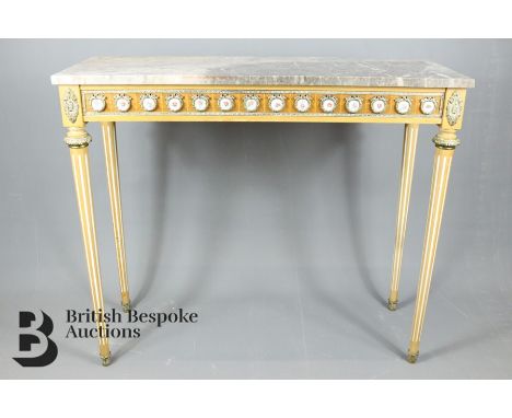 Satin wood console table, with oval porcelain plaque inserts, with white marble top, approx 33 x 90 x 77 cms.&nbsp;