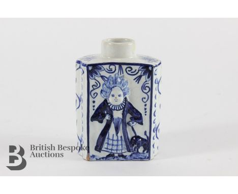 Rare Delft pottery blue and white flask, charmingly decorated with a woman walking her dog to one side and a gentleman wearin