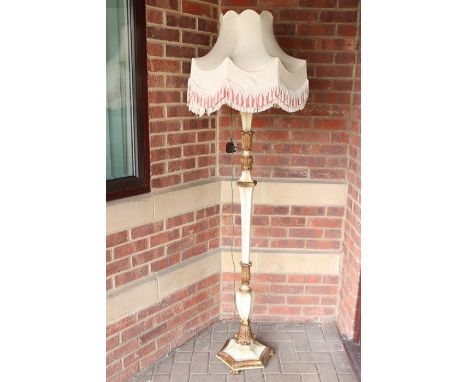 20th century carved painted wood standard lamp, with silk shade, approx 150 cms in height.
