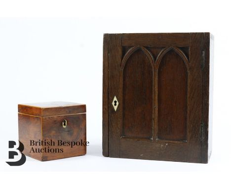 An oak miniature cupboard (apprentice piece) 22.5 x 13.5 x 26.5 cms together with a small mahogany Georgian tea caddy, approx