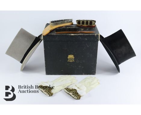 Two vintage top hats and a pair of gloves. The first example is a Lincoln Bennett &amp; Co top hat approx 20 cms across toget