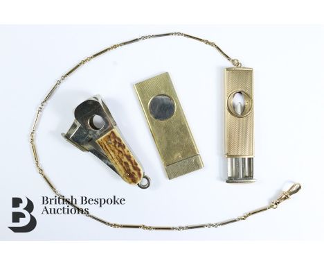 Vintage 9ct gold cigar cutter, on a 9ct bi-metal bar link chain approx 6.7 gms, together with a gold-plated cigar cutter and 