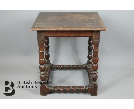 18th century small oak table, bobbin turned legs and stretchers, approx 48 w x 52 h cms.