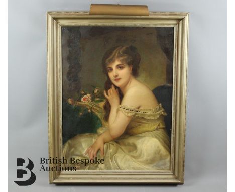 Circa 1900s oil on canvas, half length portrait of a beautiful young woman, title to verso possibly reads Lady Neigull, frame