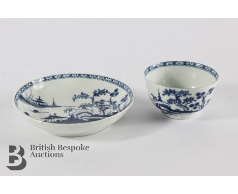 Dr Wall, or first period Worcester blue and white hand painted tea bowl and saucer, 'Cannonball' pattern, which depicts islan