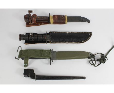 Russian AK47 bayonet, approx 33.5 cms, stamped P4034, Japanese fighting knife, approx 30 cms in length, housed in a black lea