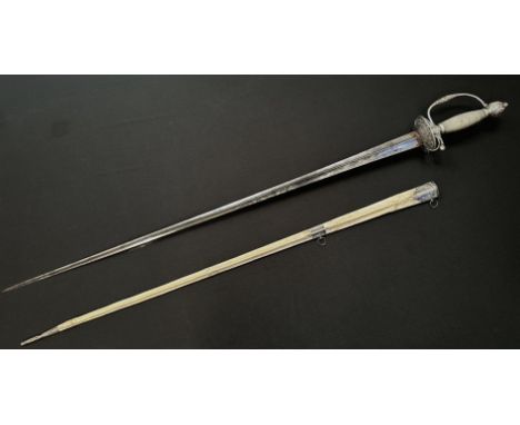 Small Sword with incurved triangular section blade 780mm in length. No makers marks. Guards featuring Classical scenes. Silve