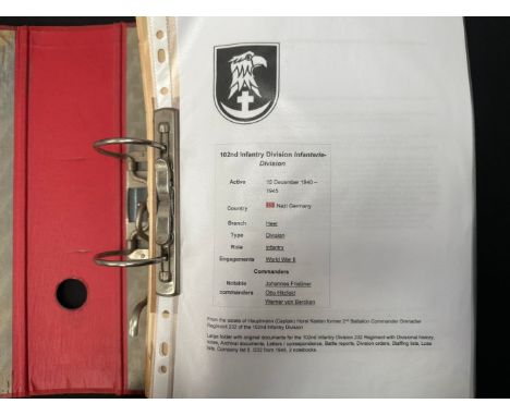 WW2 Third Reich Heer 102nd Infanterie Division Archive complied in the 1960's by a former officer of the Division, Hauptmann 