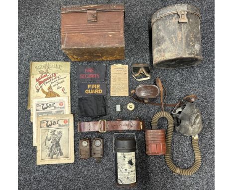 WW2 British Respirator, Officers Sam Brown Belt (No Cross Strap) Anti Gas Eyesheilds, Fire Security and Fire Guard plus Black