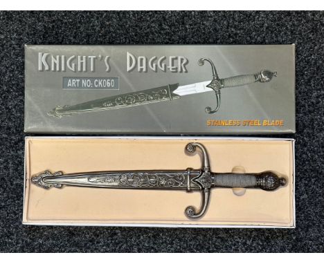 Fantasy "Knights dagger" with double edged stainless steel blade 265mm in length marked "Stainless China". Wire bound grip. O