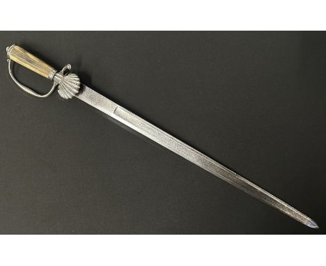 Silver mounted Hunting Cutlass with fullered decorated engraved blade 554mm in length. Floral decoration along with a figure.