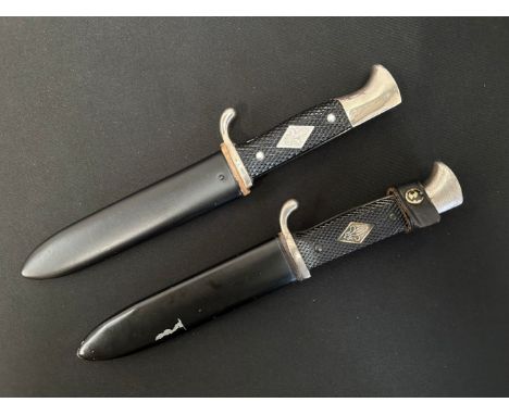 Pair of Post War HJ Style Boy Scout Knifes. One is maker marked "Kienel &amp; Piel, Solingen" with single edged blade 139mm i