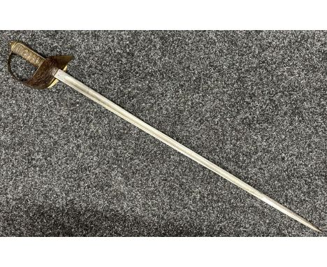 WW1 British 1897 Pattern Officers Sword with plain fullered single edged blade 814mm in length. Enfield Inspection marked. Wi