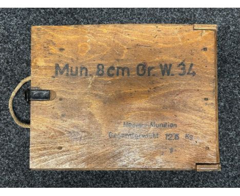 WW2 Third Reich 8cm G. W. 34 Mortar Wooden Ammo Box. Original paper label intact to side. Partial paper lable inside lid date