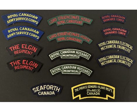 WW2 Canadian Cloth Shoulder Title collection. Matched pair for Royal Canadian Army Service Corps: The Elgin Regiment: Lord St
