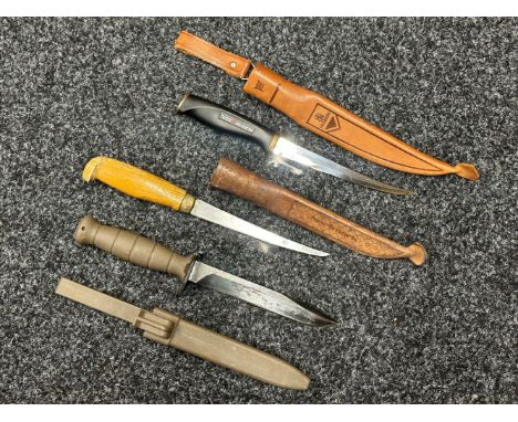 Two Finnish Puukko Knives by Nordmark and a Survival knife by Lock: Puukko knife with stainless steel single edged blade 59mm