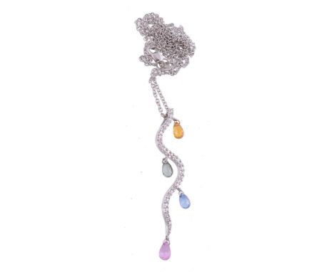 A diamond and sapphire pendant, the curved pendant set throughout with...  A diamond and sapphire pendant,   the curved penda