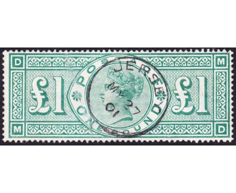 GREAT BRITAIN STAMPS : 1891 £1 green fine used example (MD), single CDS cancel. light erased crayon mark. SG 212