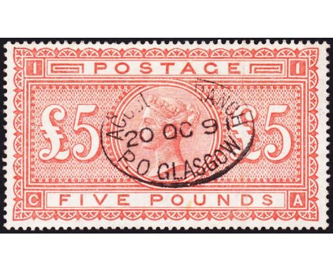 GREAT BRITAIN STAMPS : 1882 £5 Orange, a great colour, light vertical crease, central clear dated postmark 20th Oct 1891. SG 