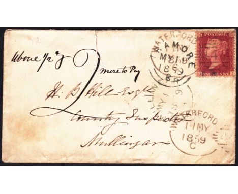 POSTAL HISTORY : 1859 Waterford Spoon Cancel on envelope to Mullingar, charged an additional 2d for being over weight. Scarce