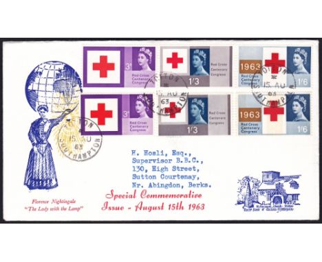 FIRST DAY COVERS : 1963 Red Cross cover with both phosphor and non-phosphor set on the same cover, cancelled by Southampton C