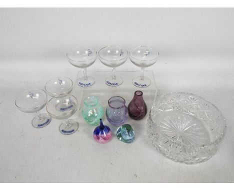 A collection of glassware to include Caithness vases and paperweights, Edinburgh Crystal bowl and six vintage Babycham glasse