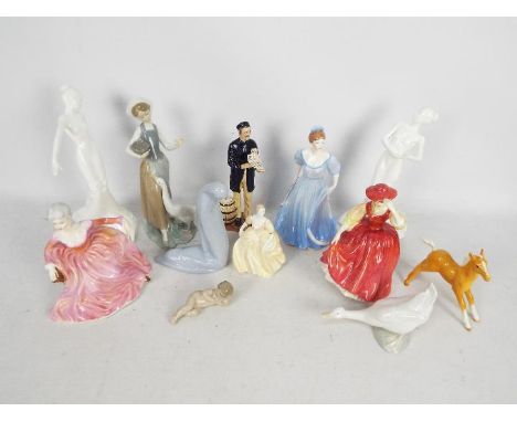 A collection of various ceramic figures to include Coalport, Lladro, Nao, Royal Doulton, Beswick and similar, largest approxi