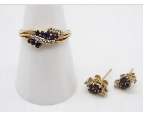 A 9ct yellow gold, stone set, ring and earrings set comprising a pair of sapphire and diamond studs and a ring set with alter