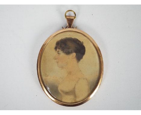 An early 20th century portrait miniature, watercolour on paper, depicting a young lady in profile in rose metal frame, approx