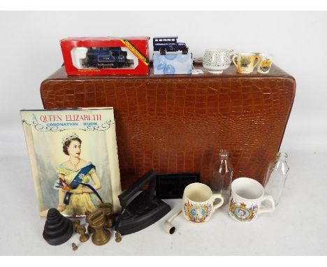 Lot to include a vintage Pakawa suitcase, a small quantity of Royal commemorative wares, Glass baby bottles, metal ware, a bo