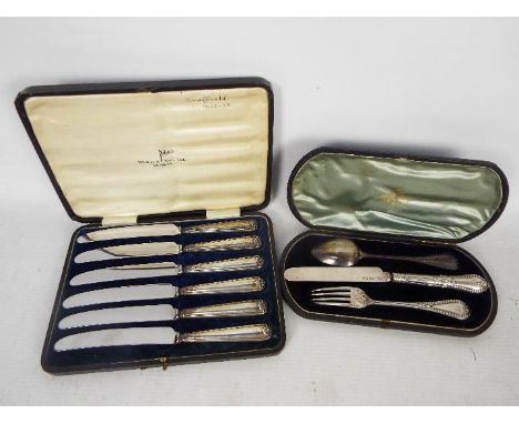 A Victorian silver, three piece christening set contained in fitted case, London assay 1867 and a cased set of six silver han