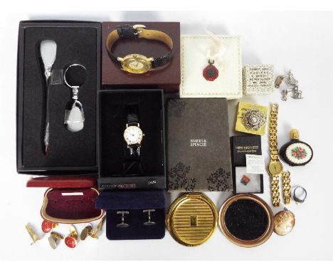 Lot comprising costume jewellery to include a vintage white metal mounted cameo brooch, stamped 800, powder compact, wrist wa