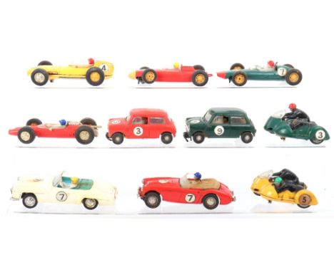 Ten vintage Scalextric Racing cars and bikes, C-74 Austin Healey 3000 red, fair to good, dirty, slight loss to front number p